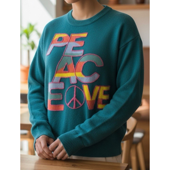 Sundance Colors Of Peace Sweater Teal Rare Rainbow Graphic Soft Wool Blend PXS - Picture 4 of 16